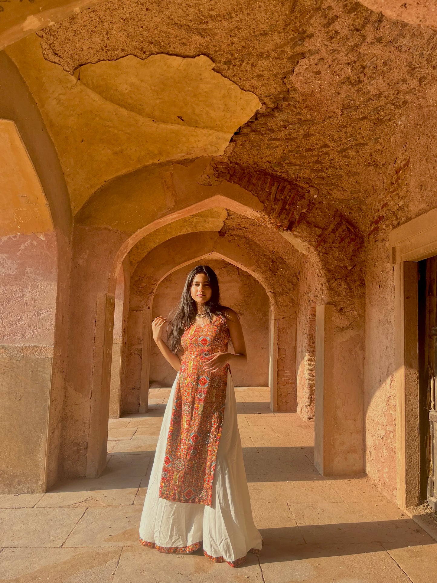 Red embroidered and white palazzo set