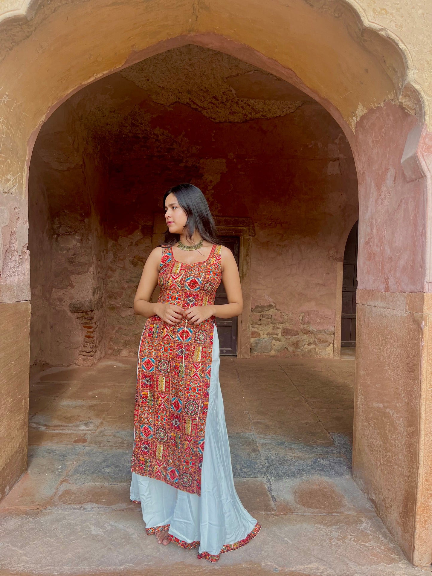 Red embroidered and white palazzo set