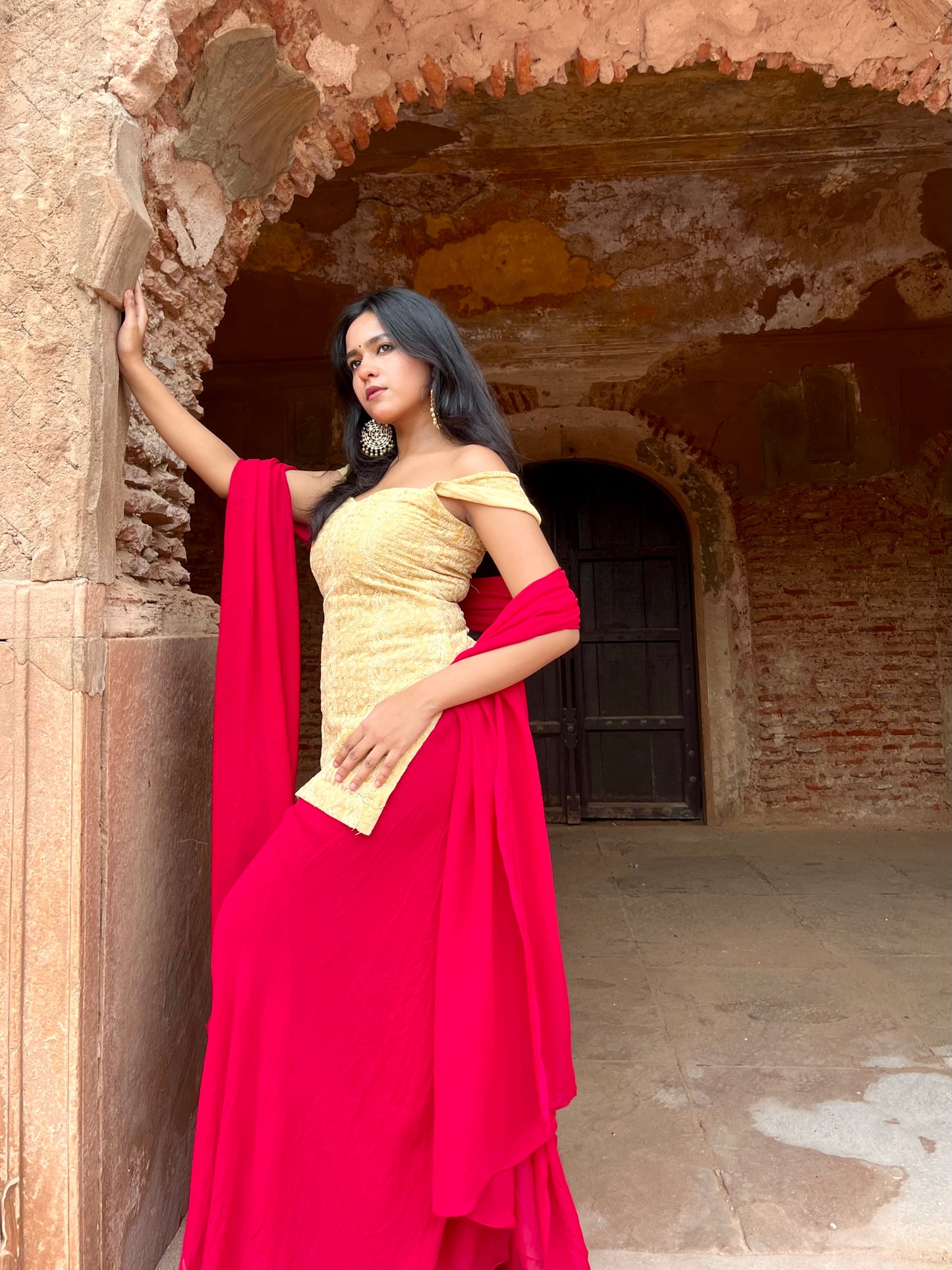 Mustard off shoulder kurti