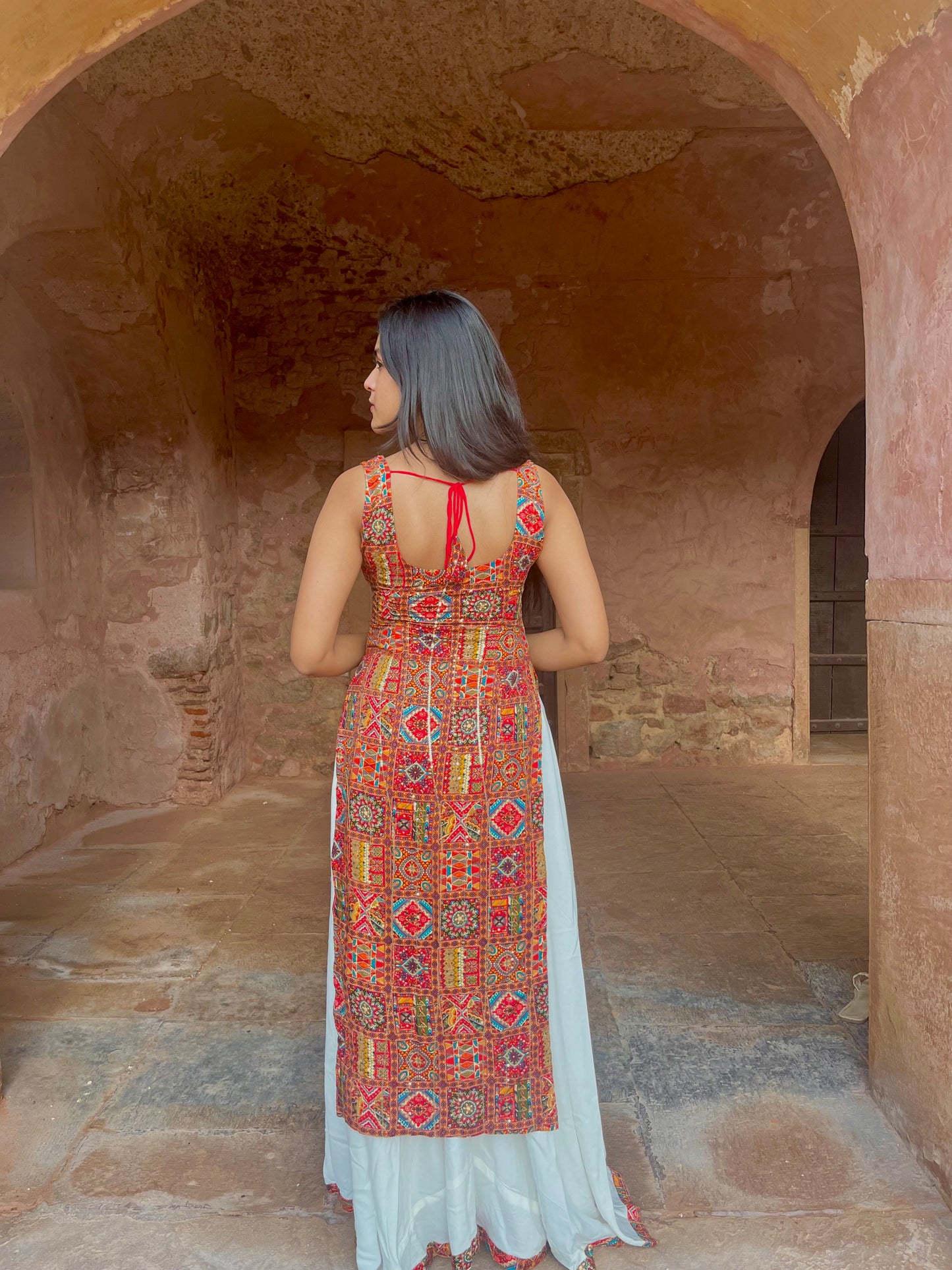 Red embroidered and white palazzo set