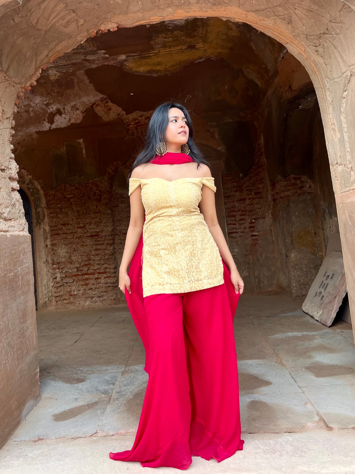 Mustard off shoulder kurti