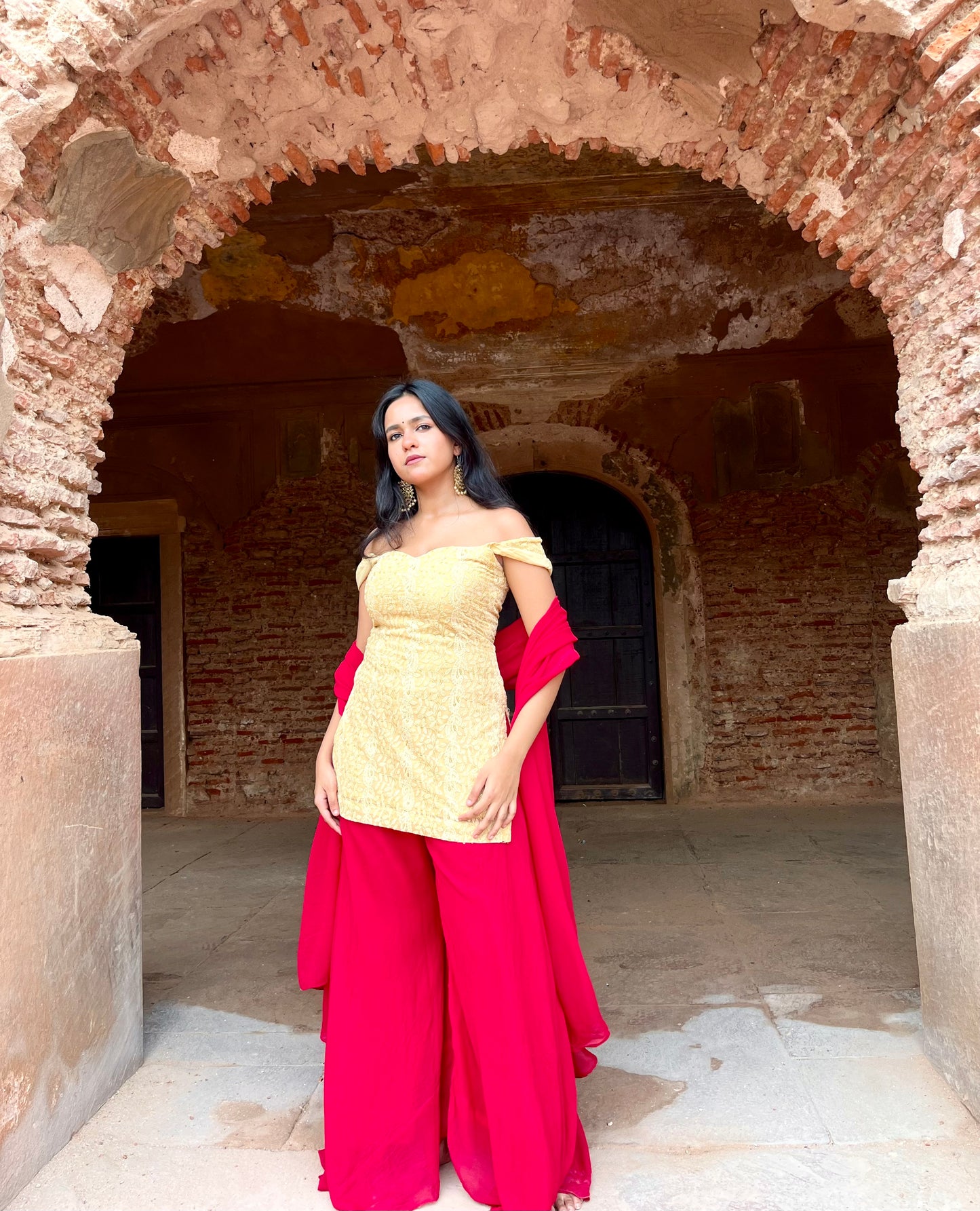 Mustard off shoulder kurti