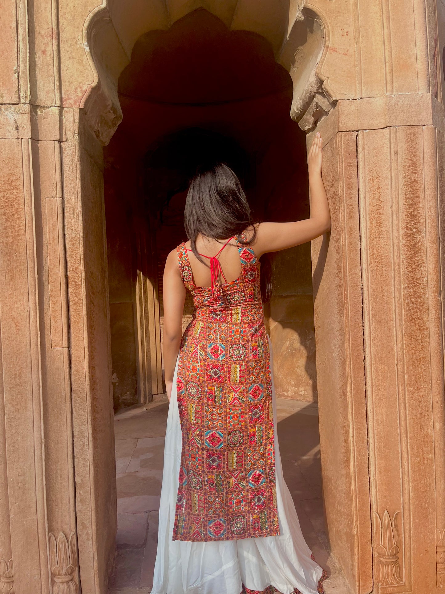 Red embroidered and white palazzo set