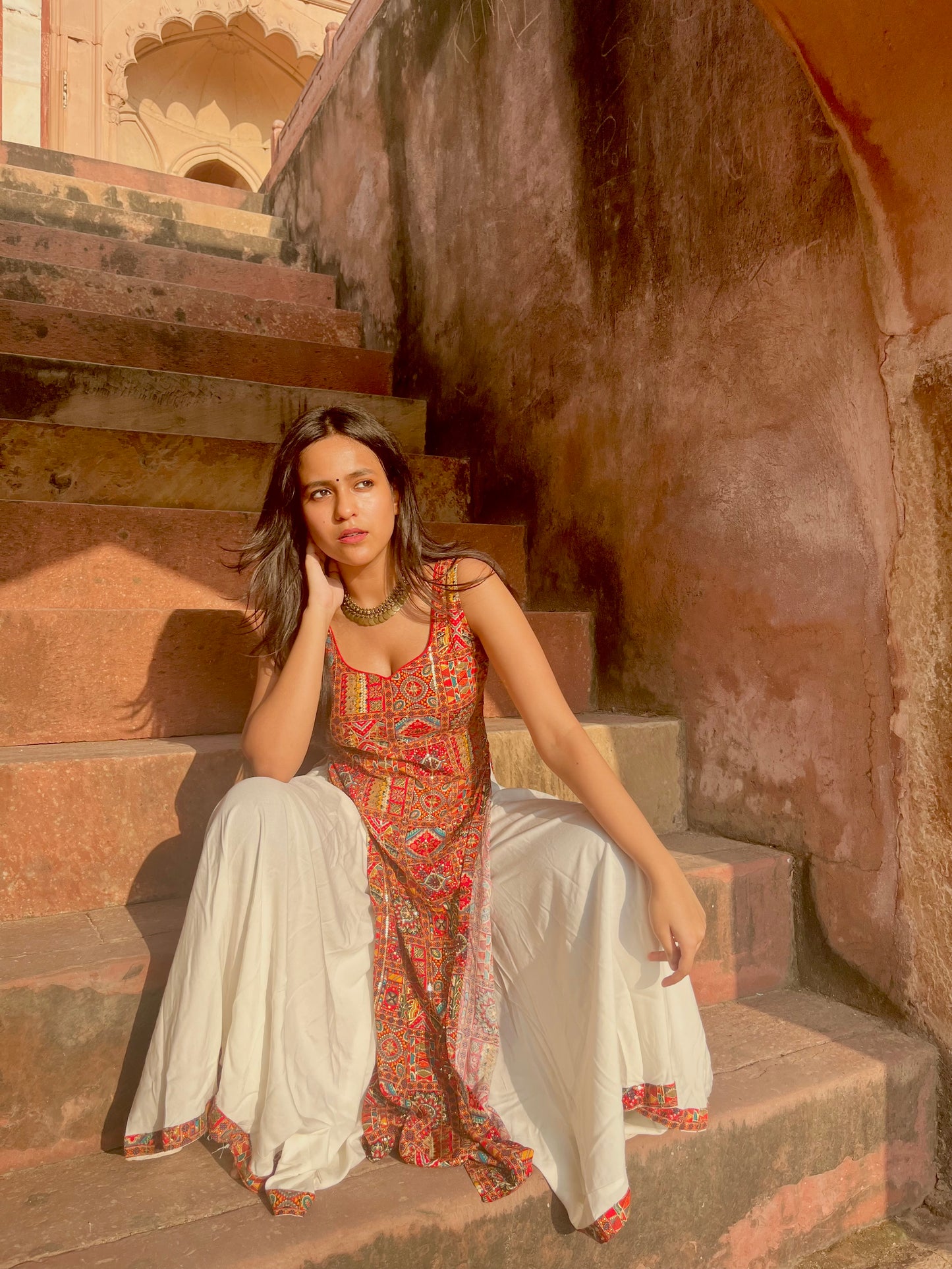 Red embroidered and white palazzo set